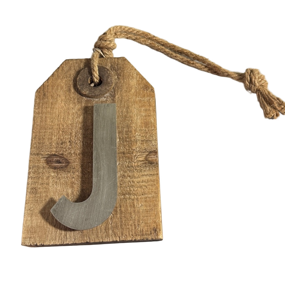 Rustic Wooden Decorative Tag with Gray Letter J